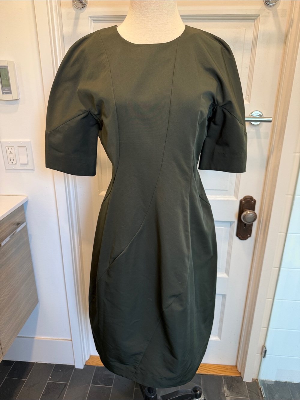 COS Olive Green Puff-Sleeve Midi Dress